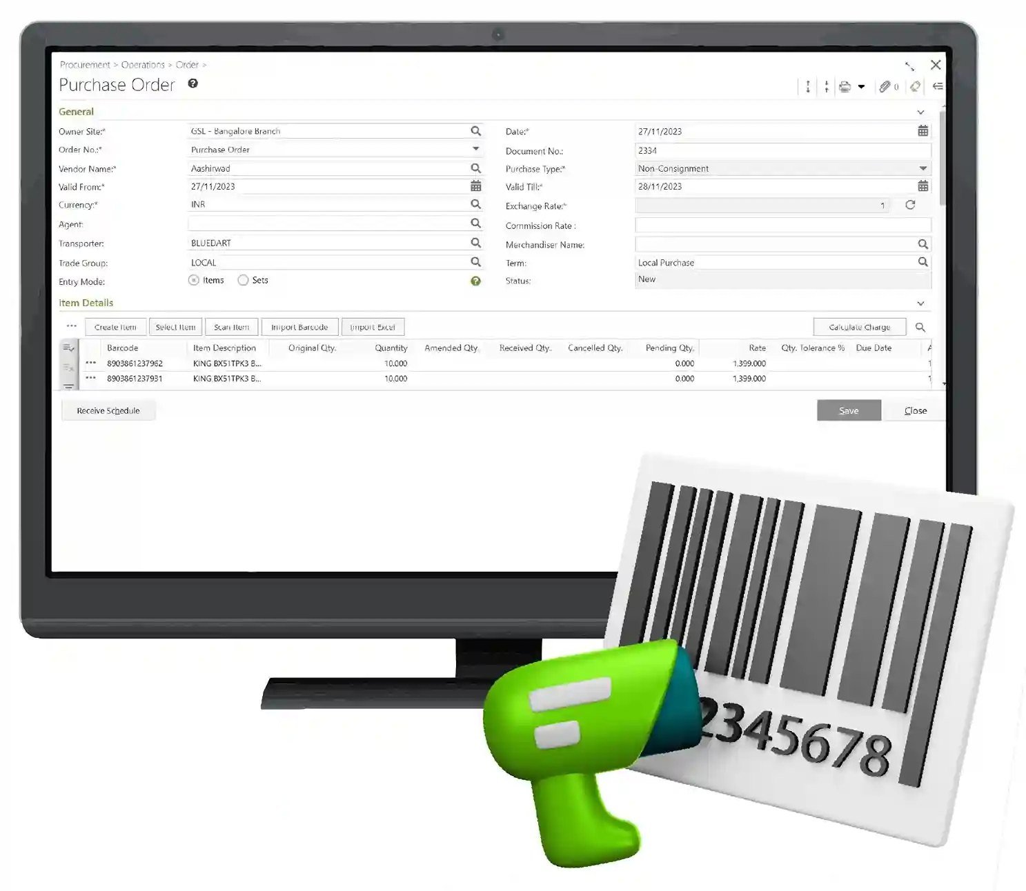 Scan barcodes and automate PO to GRN to PI and GRT Transactions