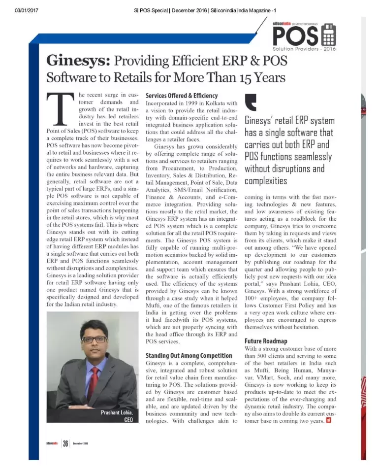 Ginesys Featured in Silicon India Magazine as The Top POS Solution Provider